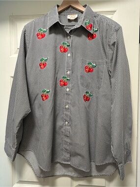 Cherry Embroidered Gingham Button Down Shirt Oversized Retro Granny Cottagecore